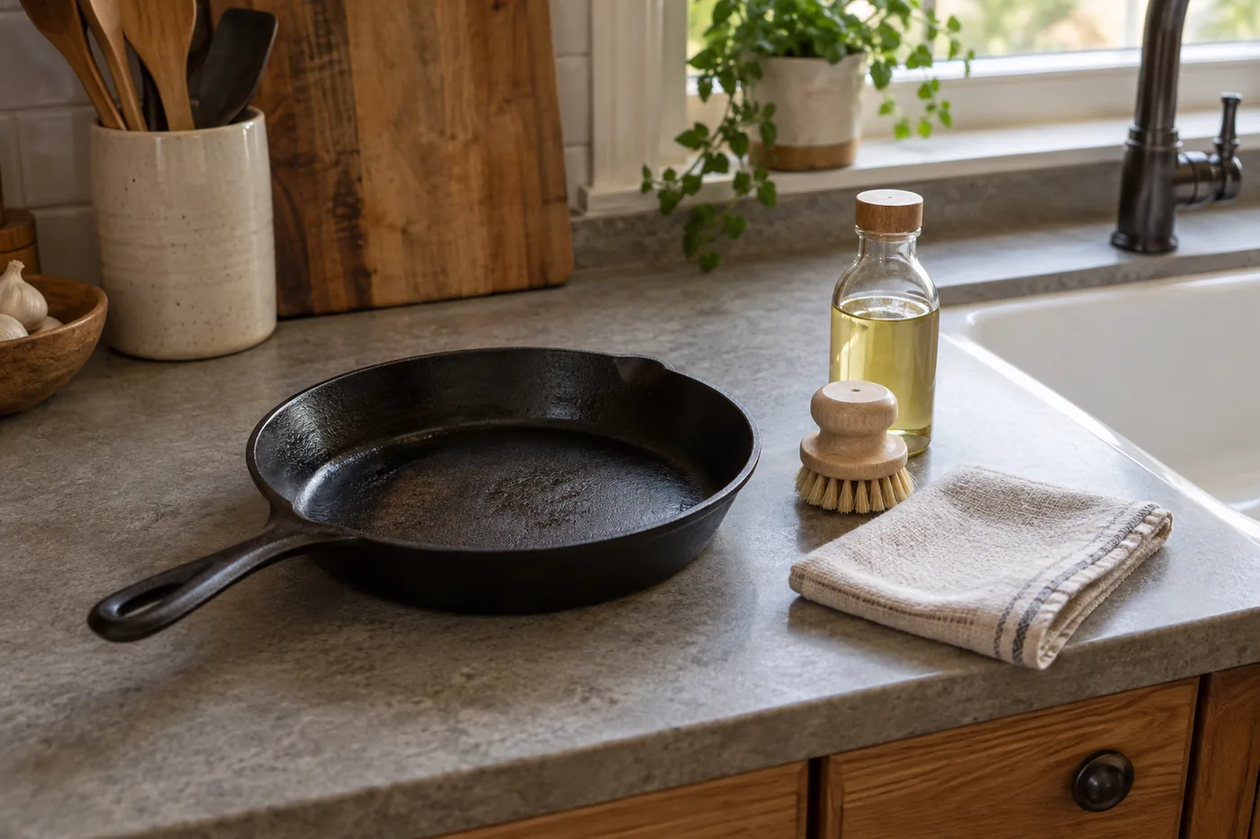 An unbranded cast iron skillet beside a kitchen sink, with a drying cloth, brush, and cooking oil ready for cleanup