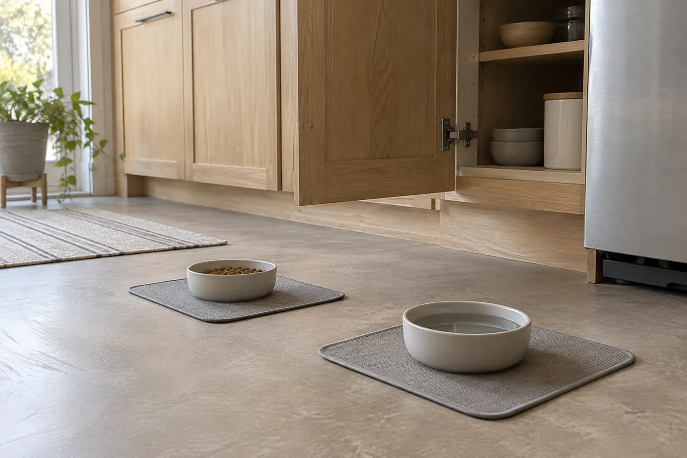 Separate unbranded cat bowls on washable mats in a small American apartment kitchen, with room around each base