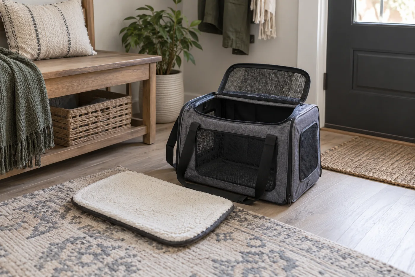 An unbranded cat carrier beside an apartment entry bench, with its top opening raised and removable bedding laid nearby