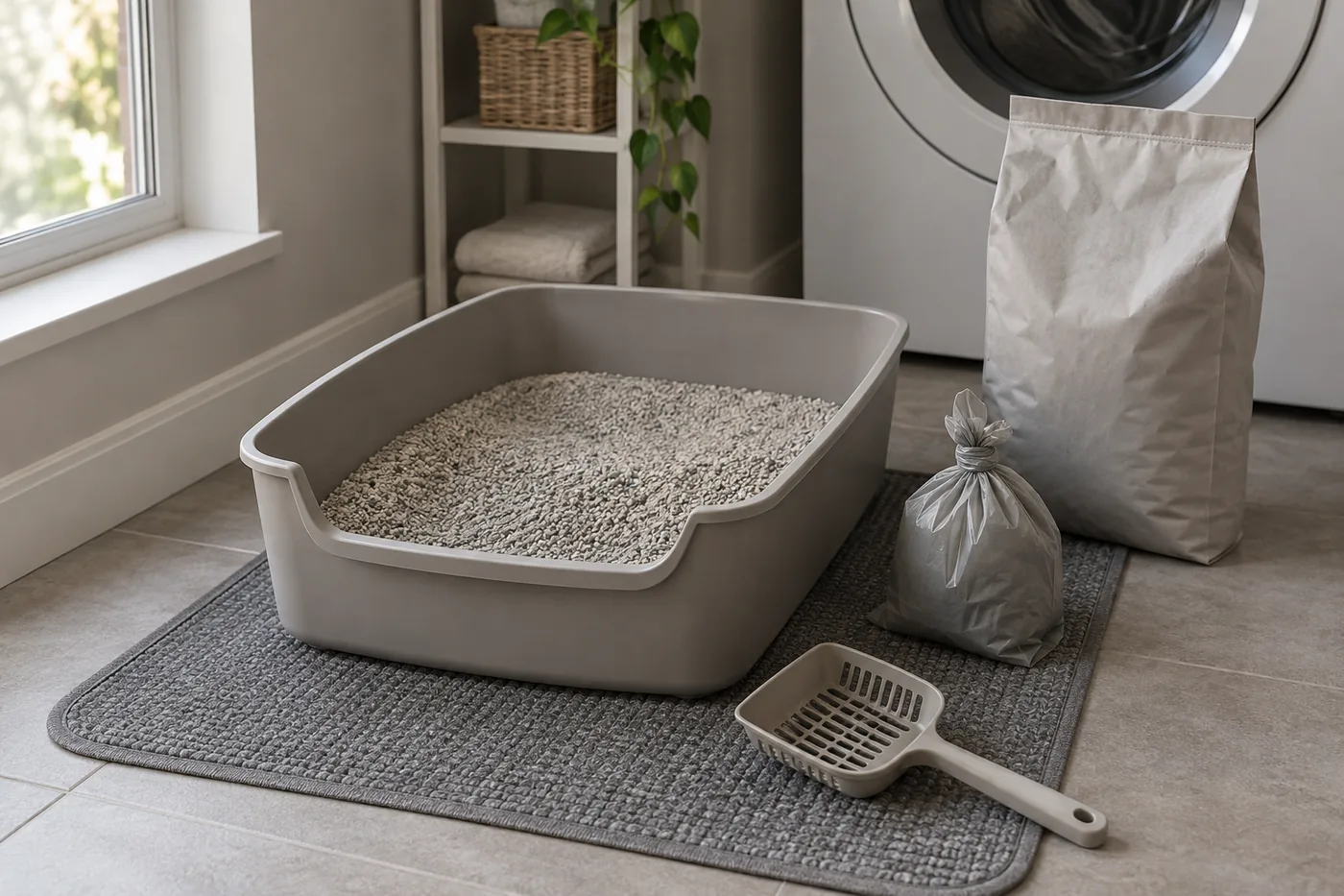 An open litter box on a washable mat in an American apartment laundry nook, with a scoop, tied waste bag, and closed plain litter bag nearby