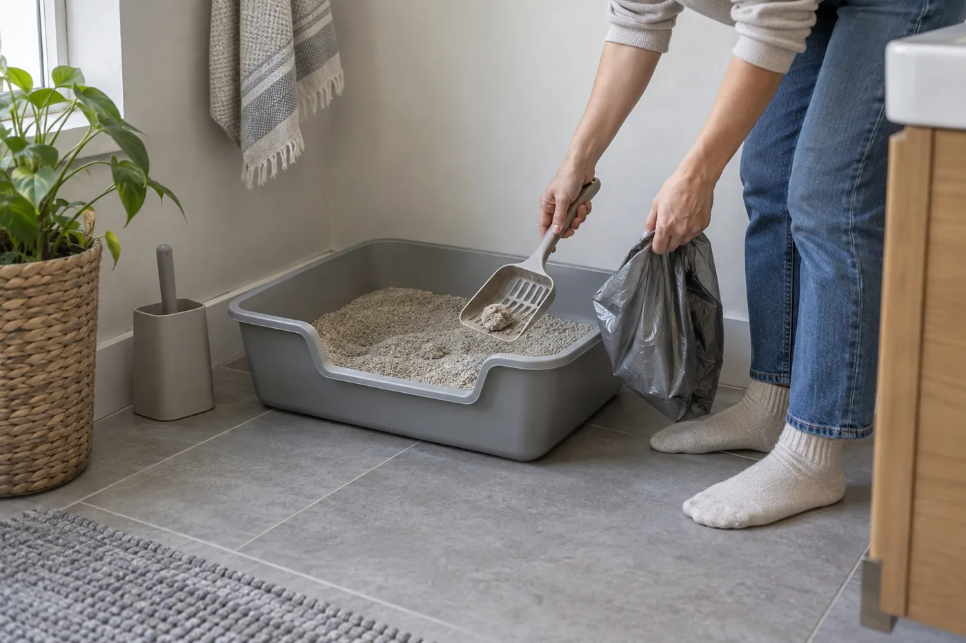 An open litter box beside a bathroom wall, with clear space at the entrance and a scoop within reach