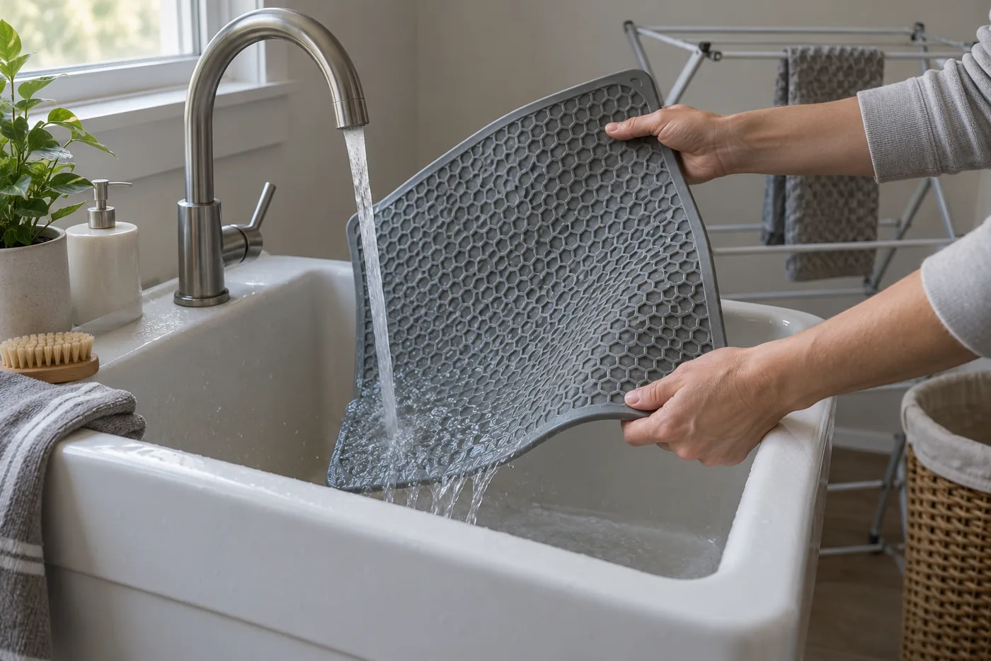 An unbranded silicone litter mat being rinsed in a laundry tub beside a drying rack in an American home