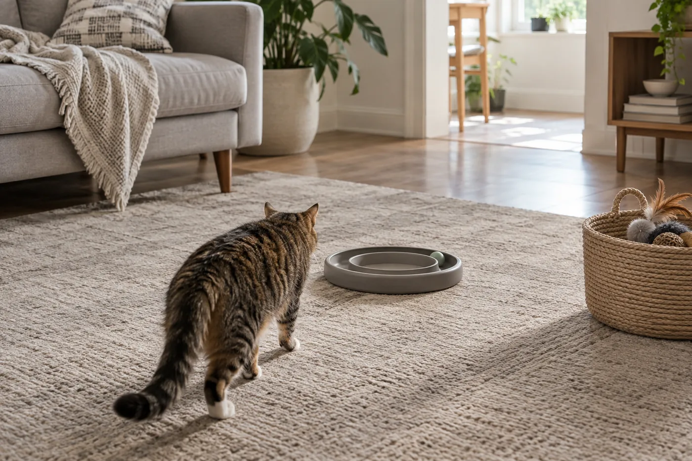 A cat beside a generic ball track on a living room rug, with an open play area and a nearby toy basket