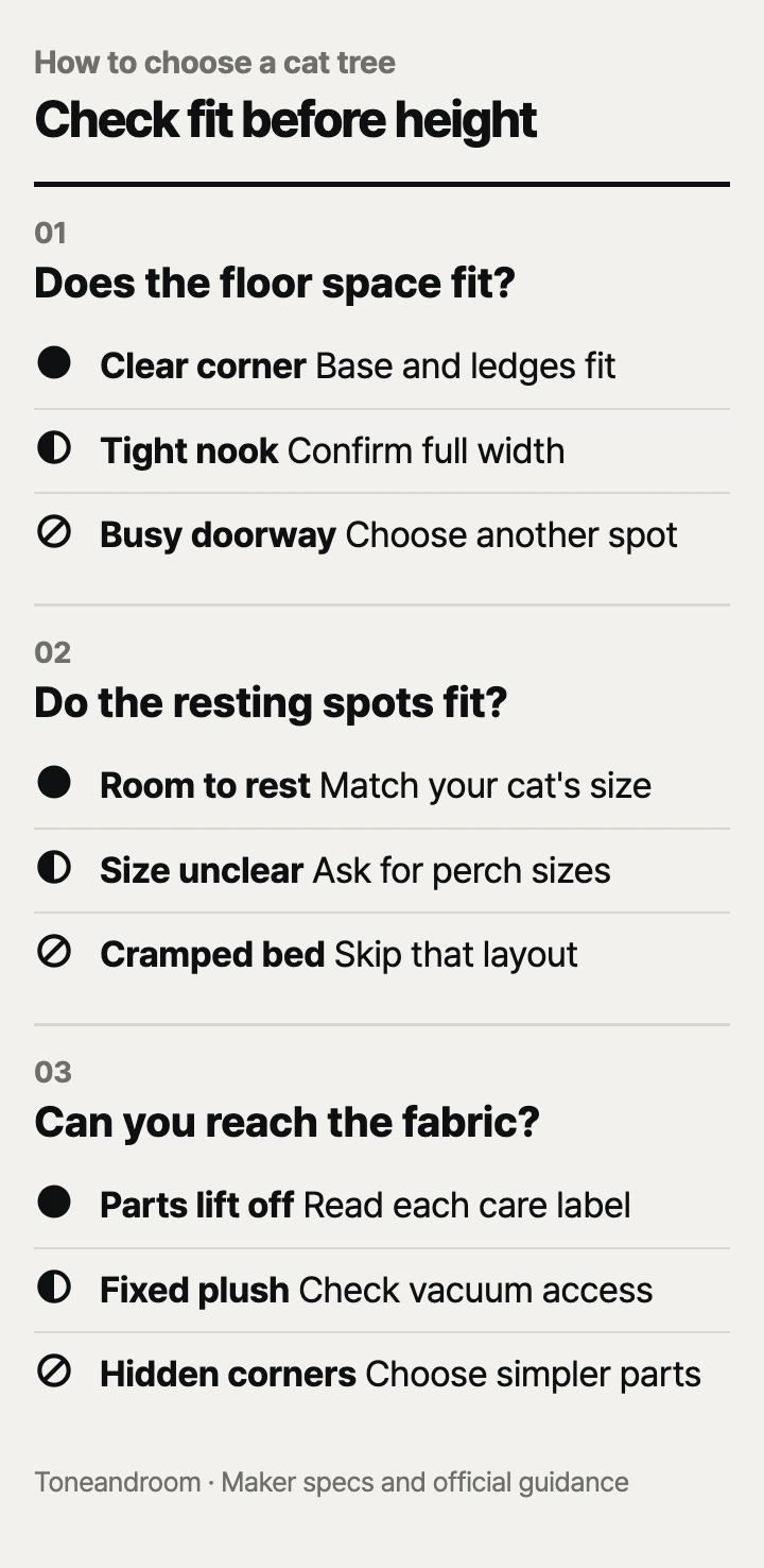 How to choose a cat tree: floor space, perch fit, cleaning access