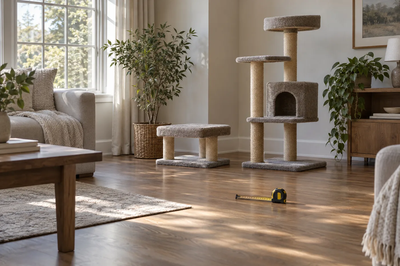 A low cat platform and a taller unbranded cat tree beside a living-room window, with clear walking space