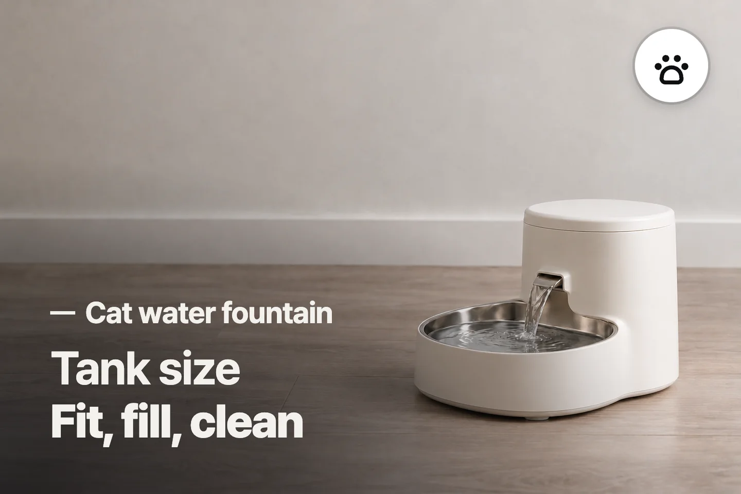 Tank size Fit, fill, clean — Cat water fountain (photo is an AI-generated illustration)