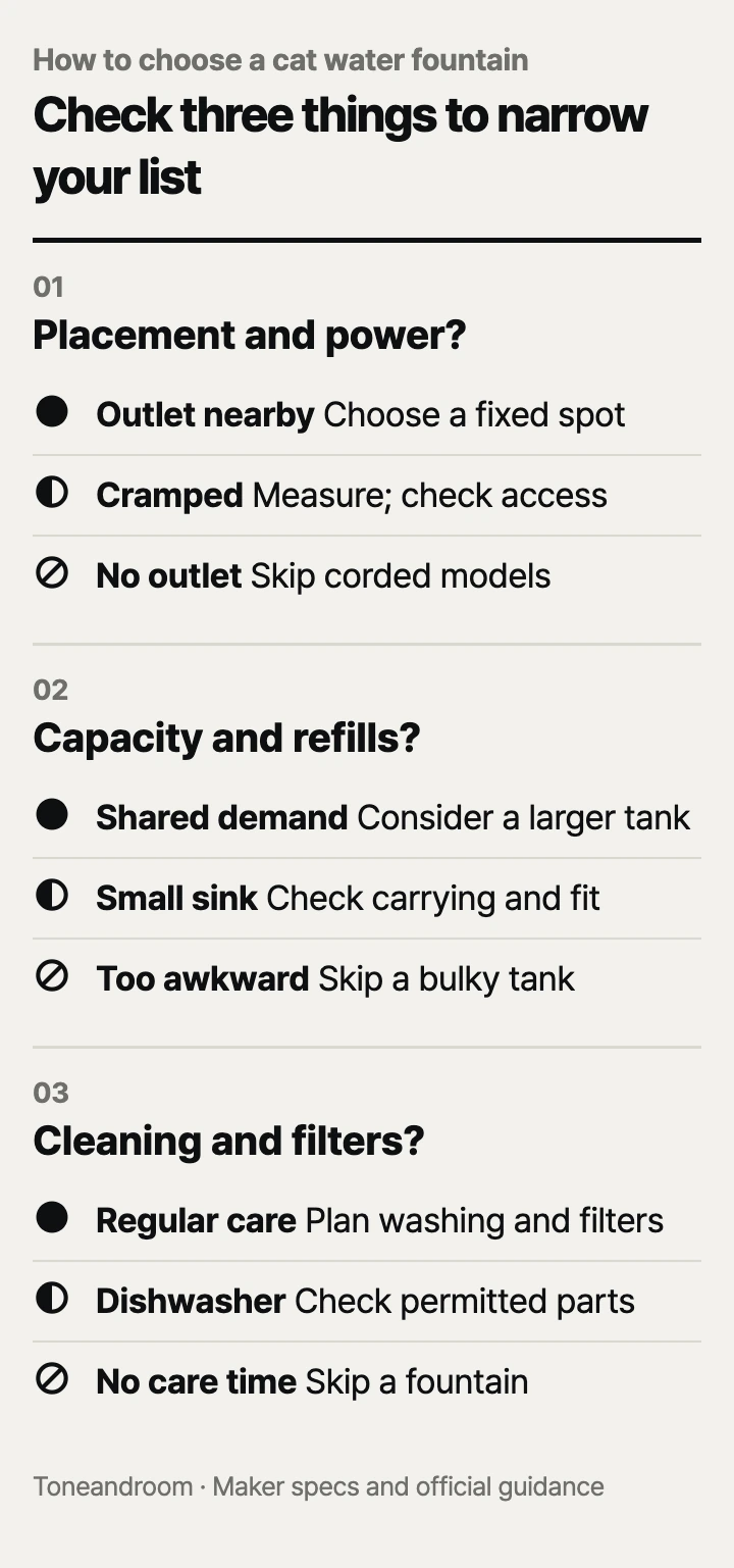 How to choose a cat water fountain: placement and power, capacity and refills, cleaning and filters
