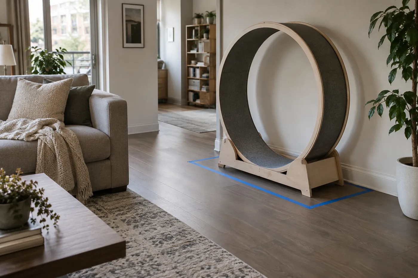 A generic cat wheel beside a living room wall with painter's tape marking its footprint and an open walkway nearby