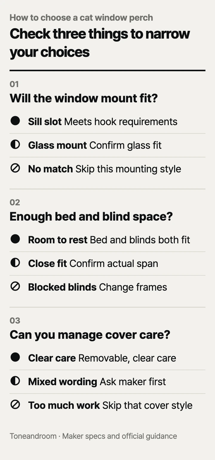 How to choose a cat window perch: window mount, bed space and clearance, cover care