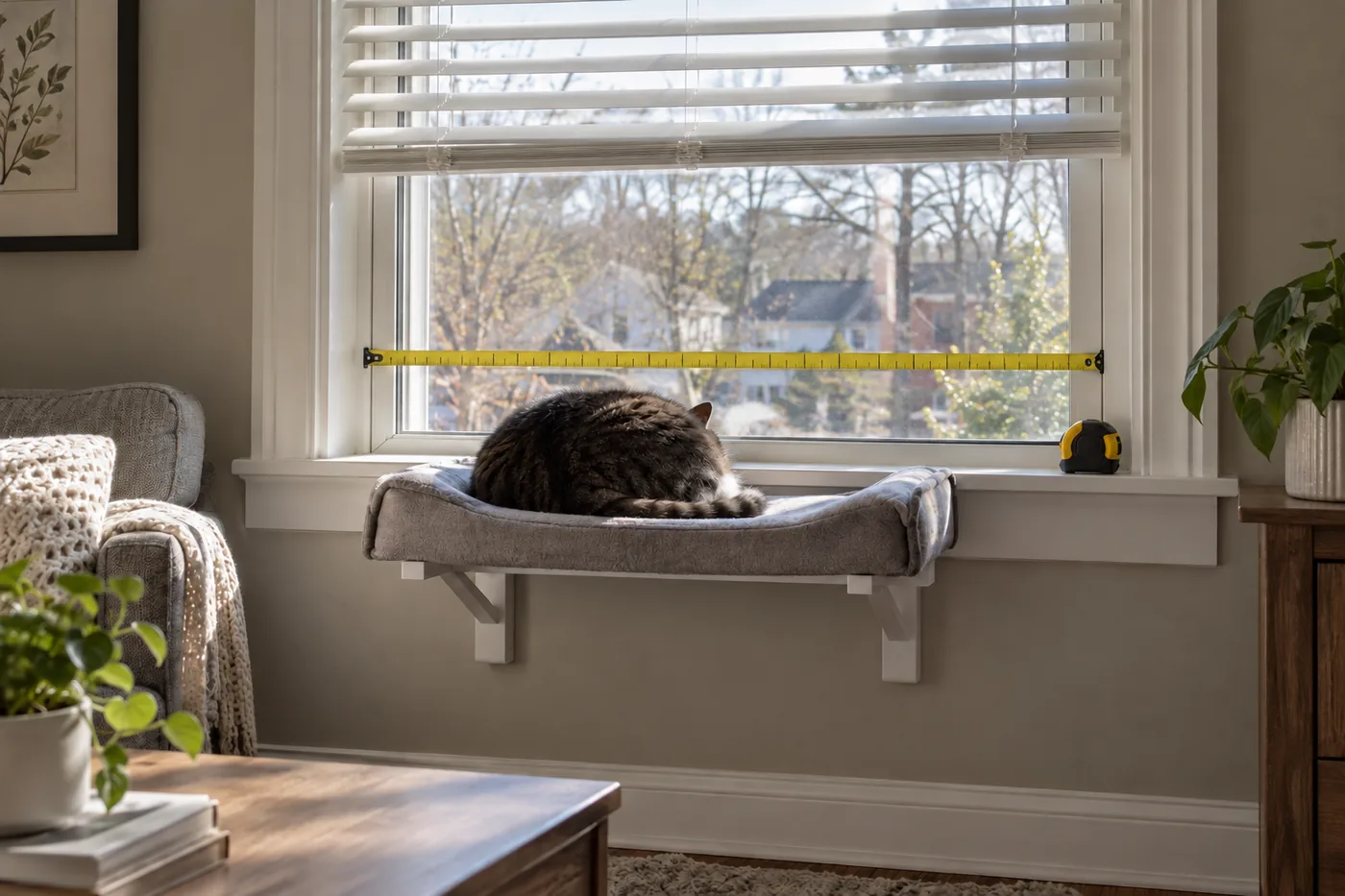 A cat resting on an unbranded window perch beside open blinds, with a tape measure showing the available window space in an American living room