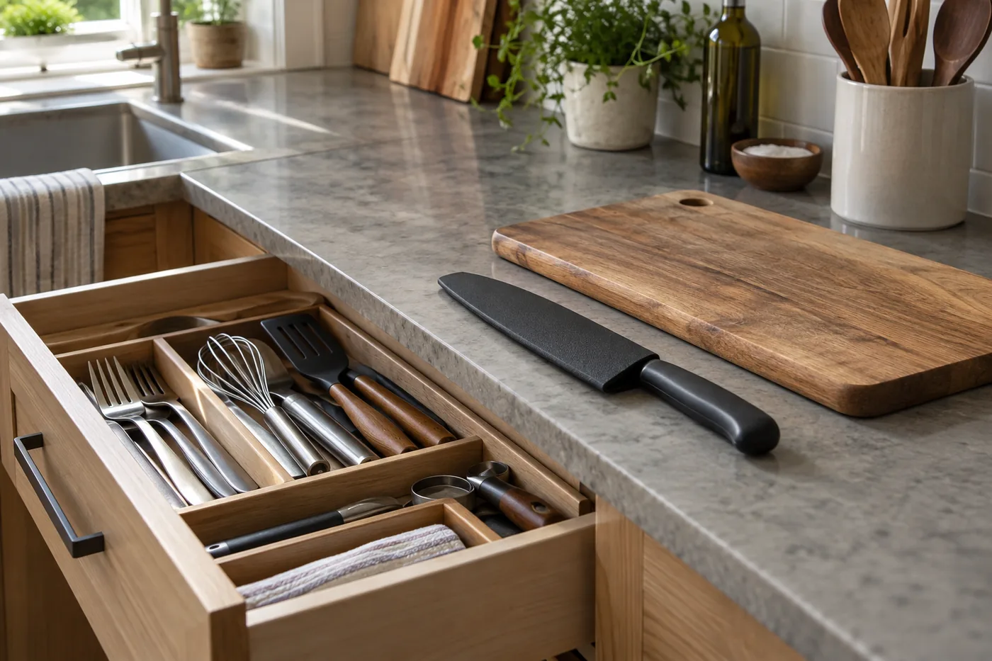 An uncluttered apartment kitchen with a guarded knife beside an open drawer and a cutting board