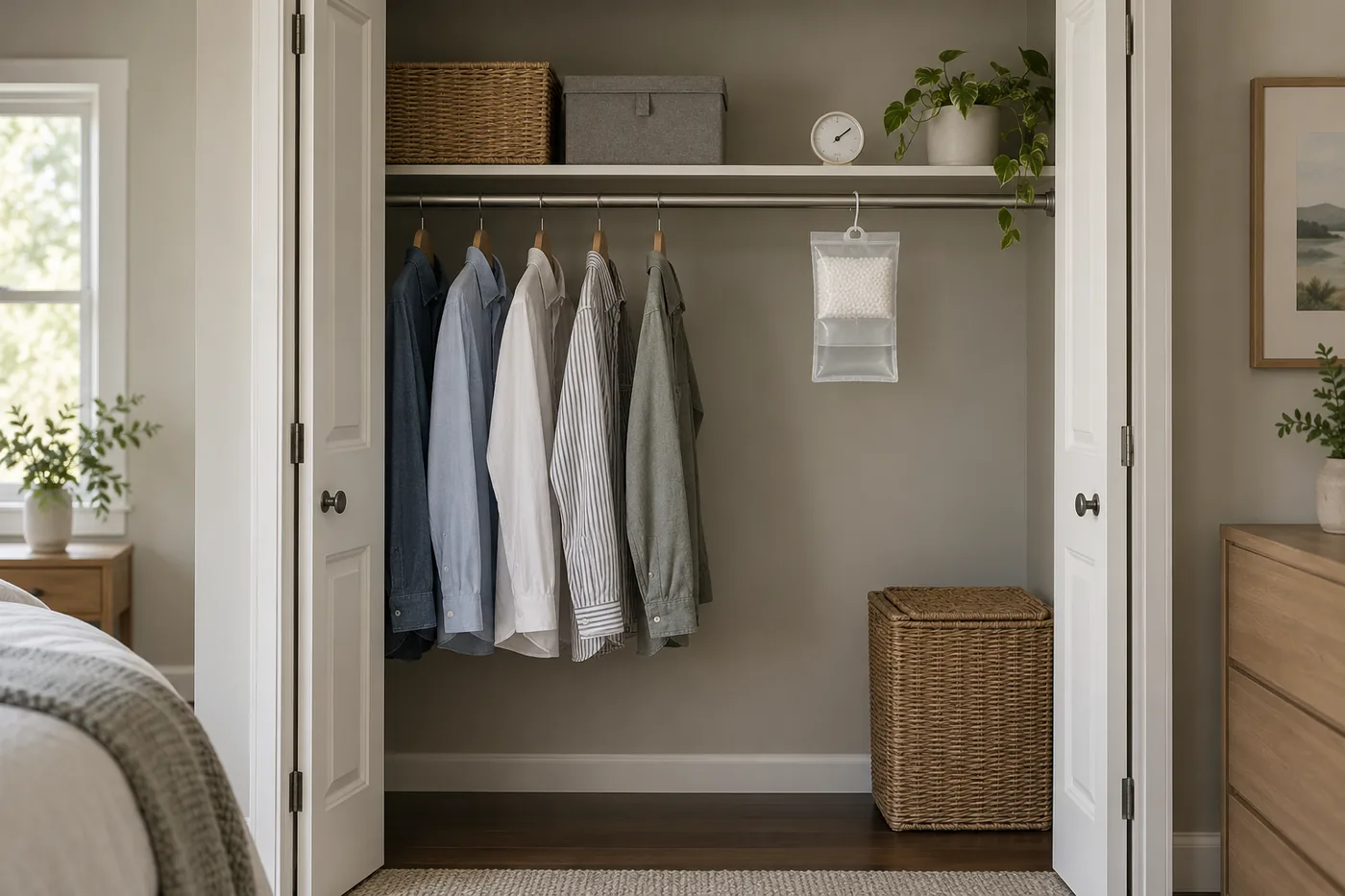 An uncluttered American bedroom closet with an unbranded hanging moisture absorber, spaced shirts, and a humidity meter on a shelf