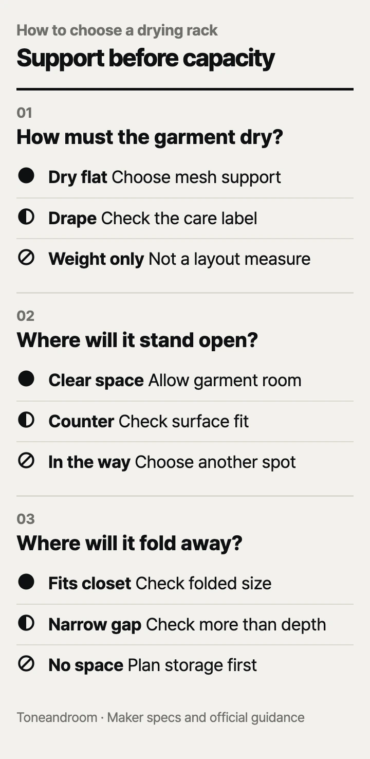 How to choose a clothes drying rack: garment support, open space, folded storage