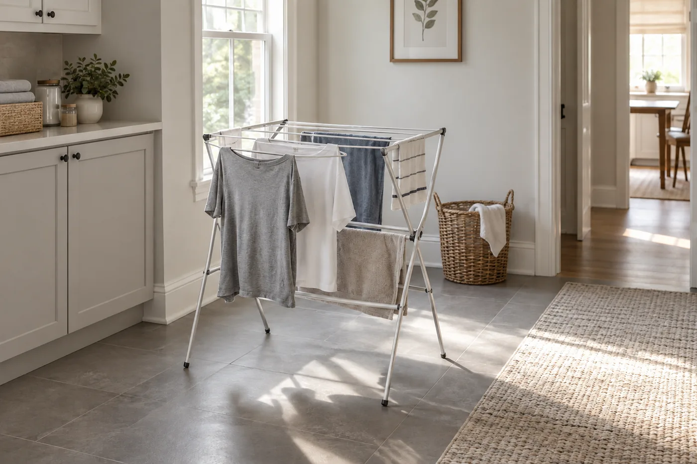 An unbranded folding drying rack with spaced shirts and towels in a bright apartment laundry corner