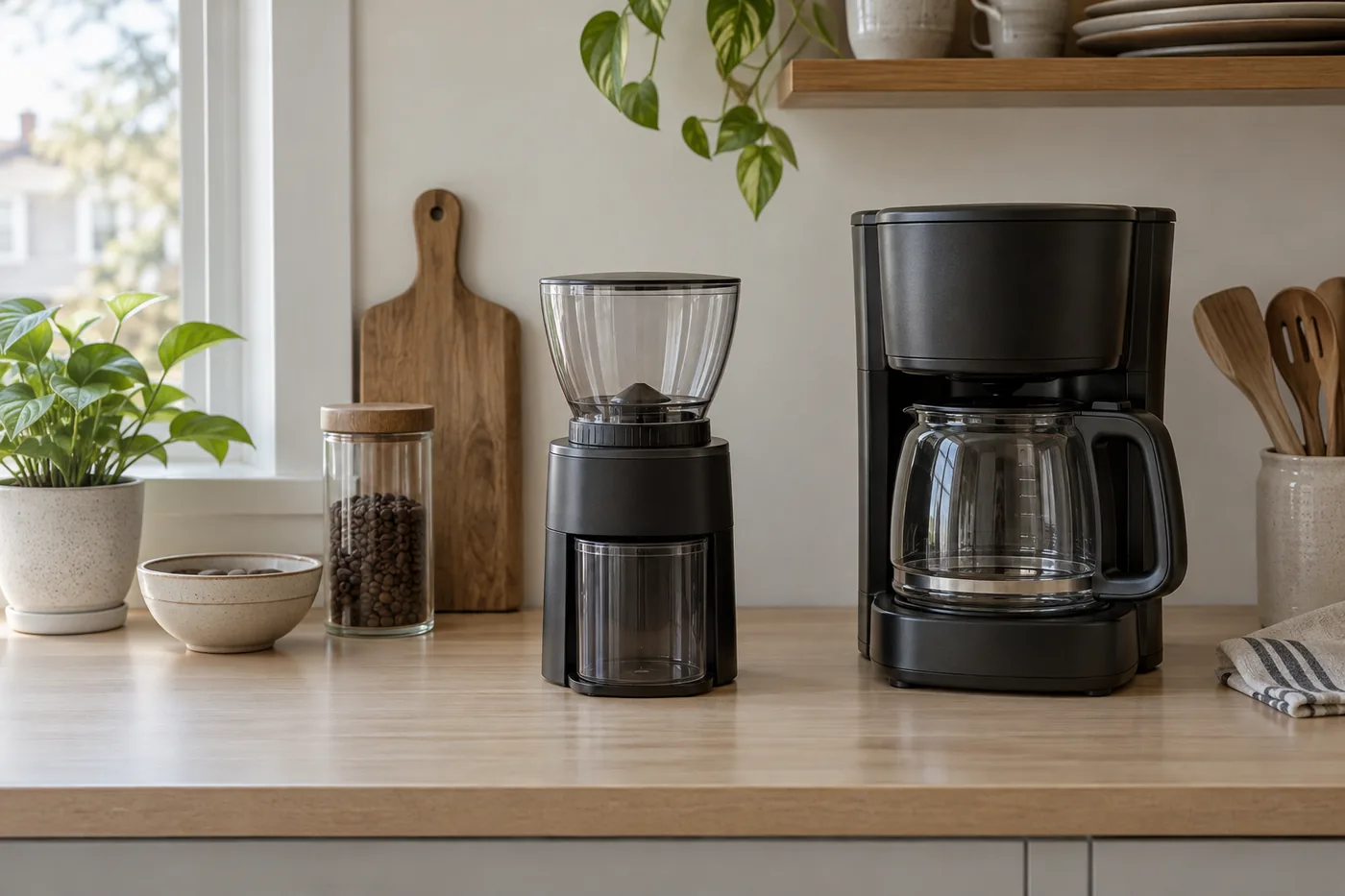 An unbranded coffee grinder beside a drip brewer on a small apartment kitchen counter, with clear space above the lid and in front of the grounds container