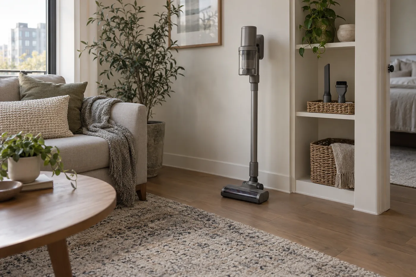 A cordless stick vacuum beside a living-room rug, with a nearby storage nook and space for its attachments