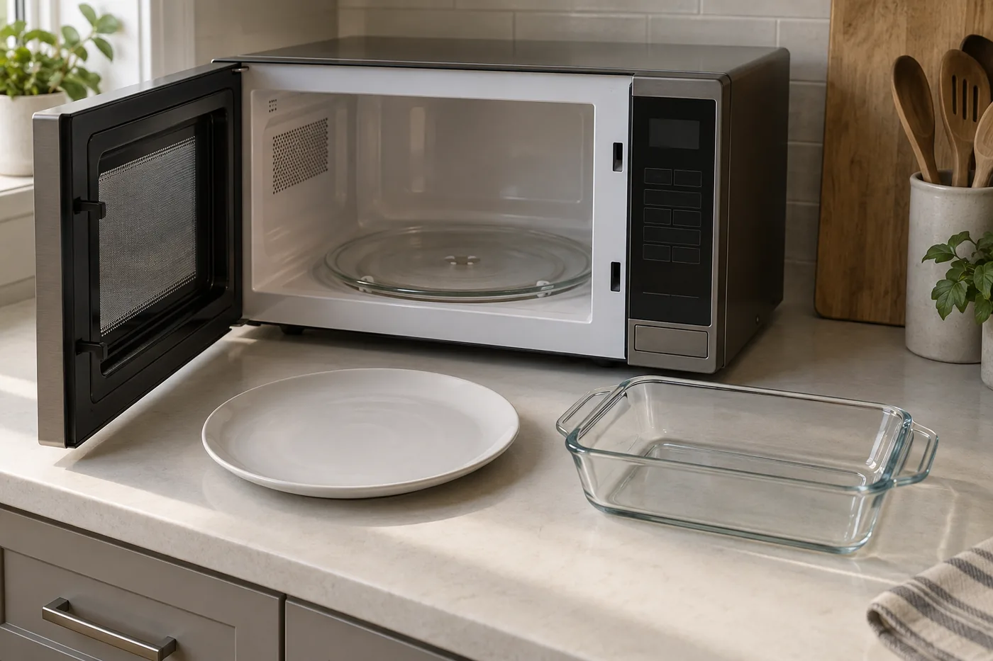 A dinner plate and a handled glass leftover container beside an open generic countertop microwave in an American apartment kitchen