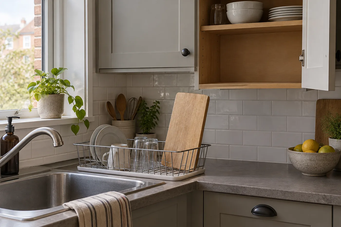 An unbranded cutting board drying upright beside a kitchen sink, with open storage nearby