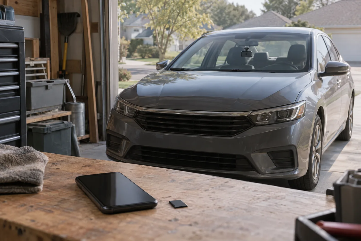 An unbranded dash cam in a parked car beside an American home garage, with a phone and memory card on a nearby workbench