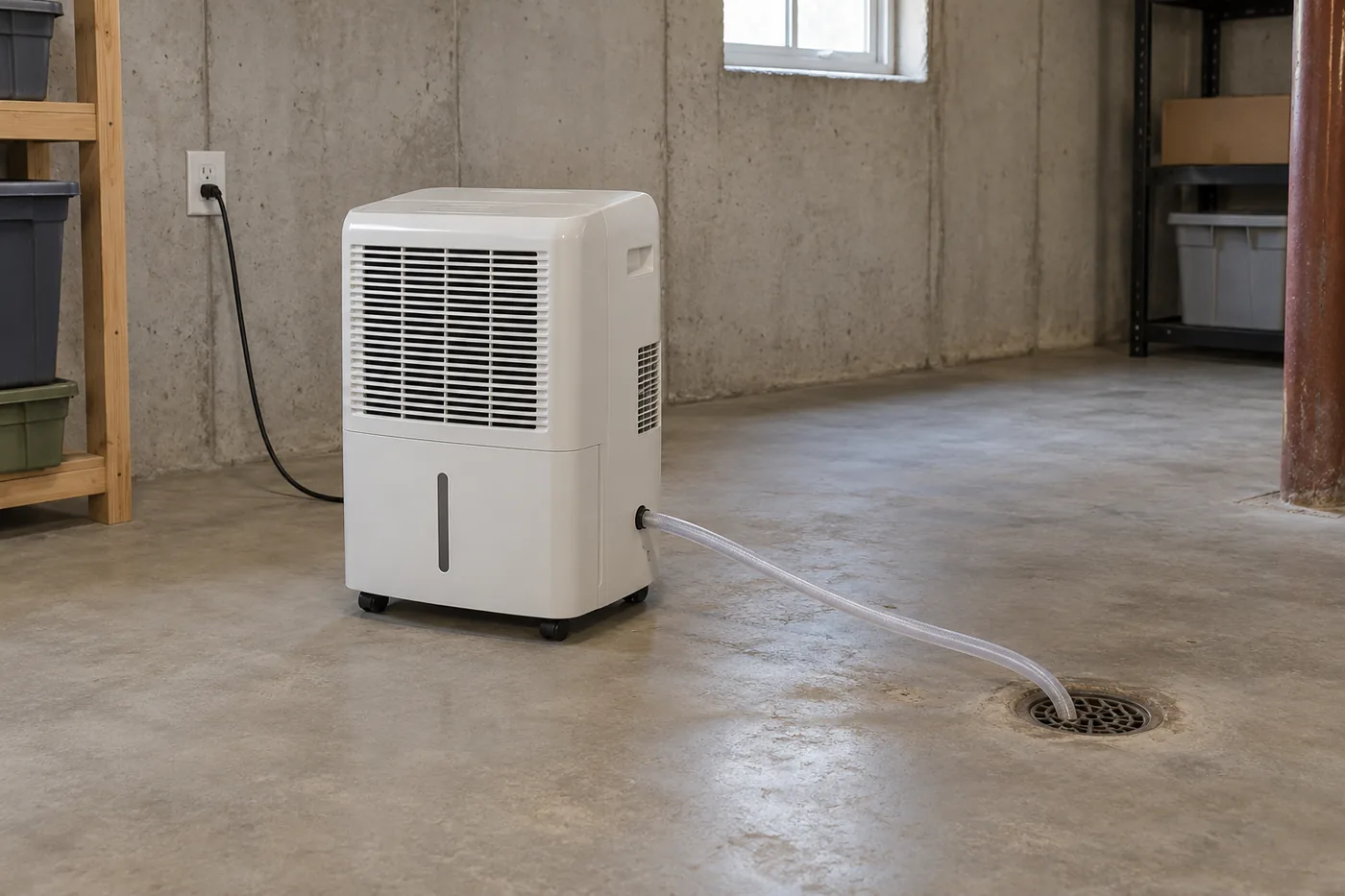 A generic dehumidifier in an American basement, with clear airflow space and a nearby drain