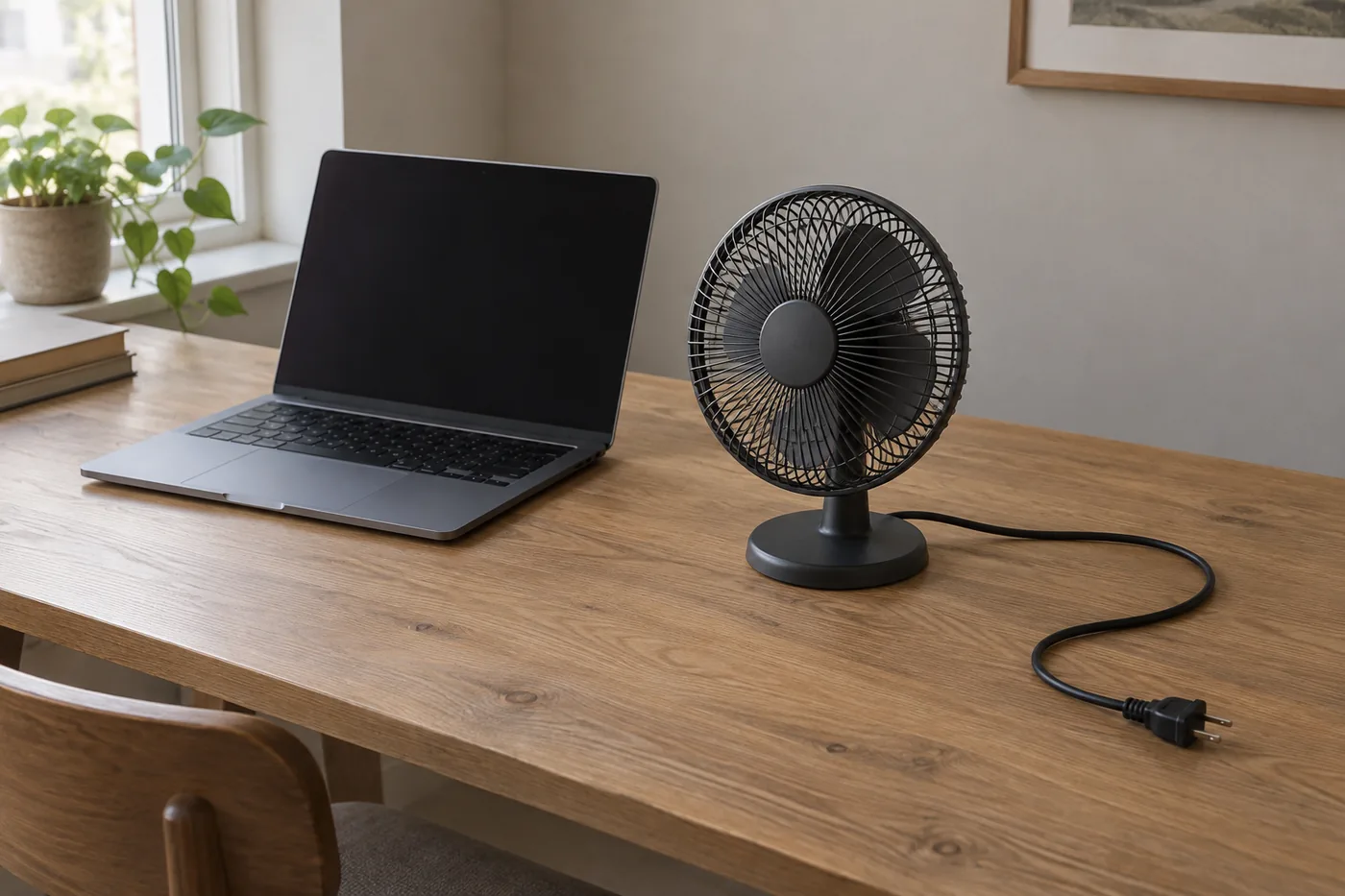 A compact desk fan beside a laptop on an uncluttered apartment desk, with its power cable visible