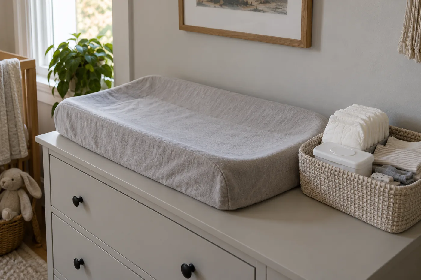 An empty nursery changing station with plain diapers, wipes, spare clothes, and a washable mat