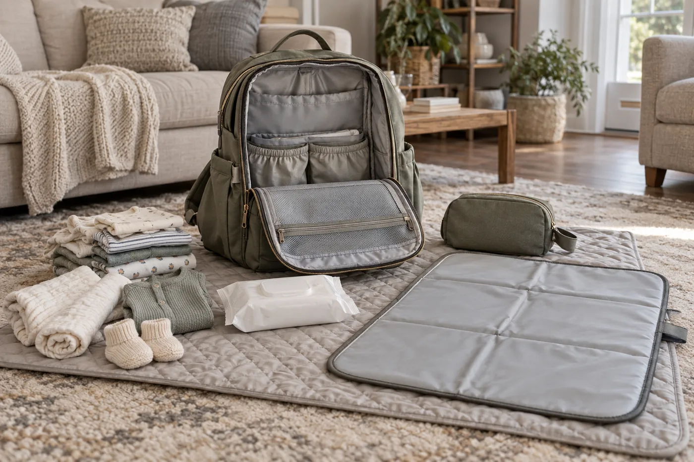 An open generic diaper backpack beside a changing mat, wipes, and spare clothes on a washable mat in an American living room