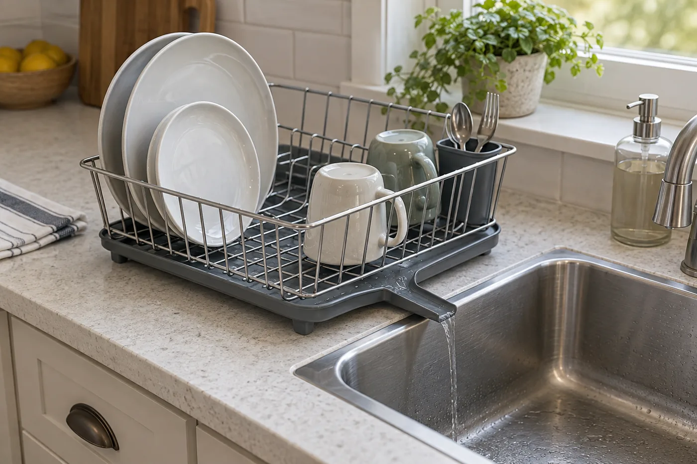 An unbranded dish rack beside a kitchen sink with a clear drain path and a few plates and mugs