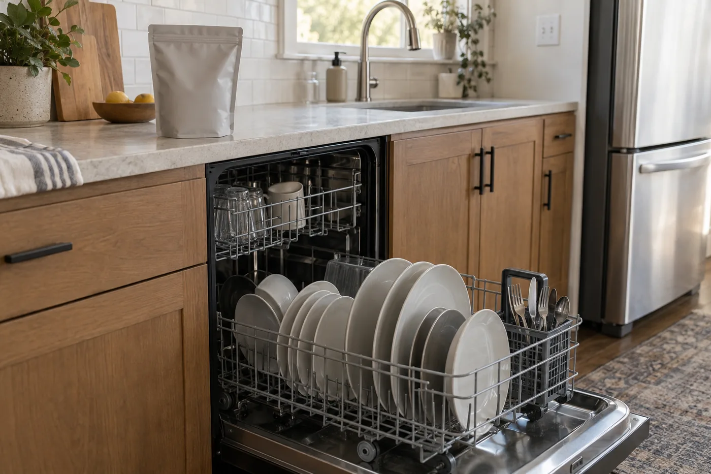 An open dishwasher in an American kitchen with a plain detergent pouch on a dry counter