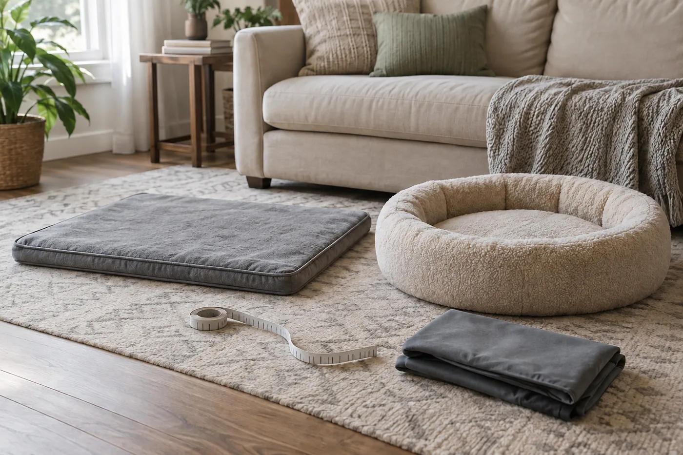 An unbranded flat dog mat beside a round rimmed dog bed in an American living room, with a measuring tape and folded washable cover nearby