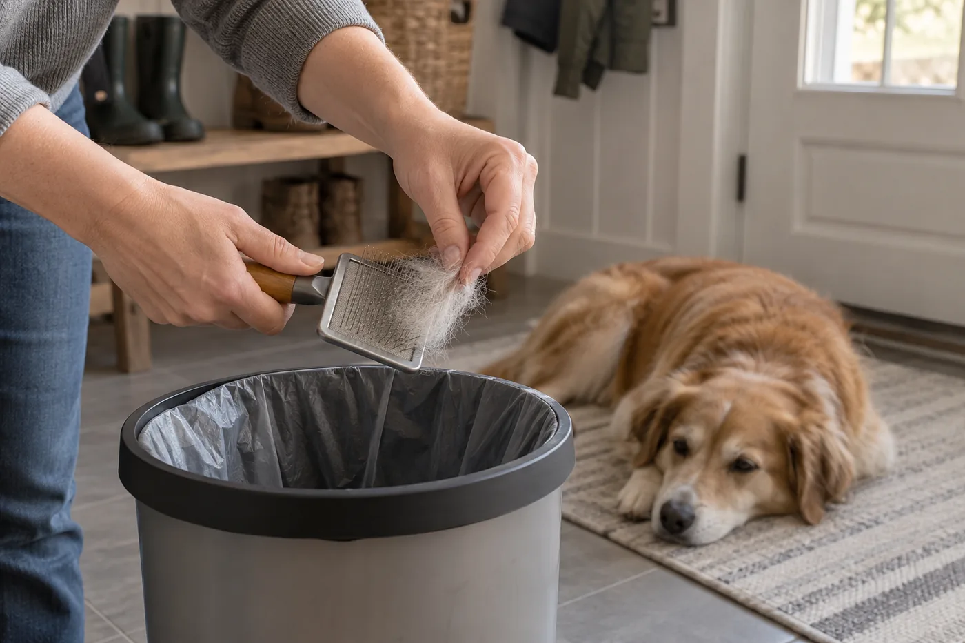 A dog resting on a washable mat in an American home's mudroom while an adult's hands remove loose fur from a generic grooming brush beside a trash can