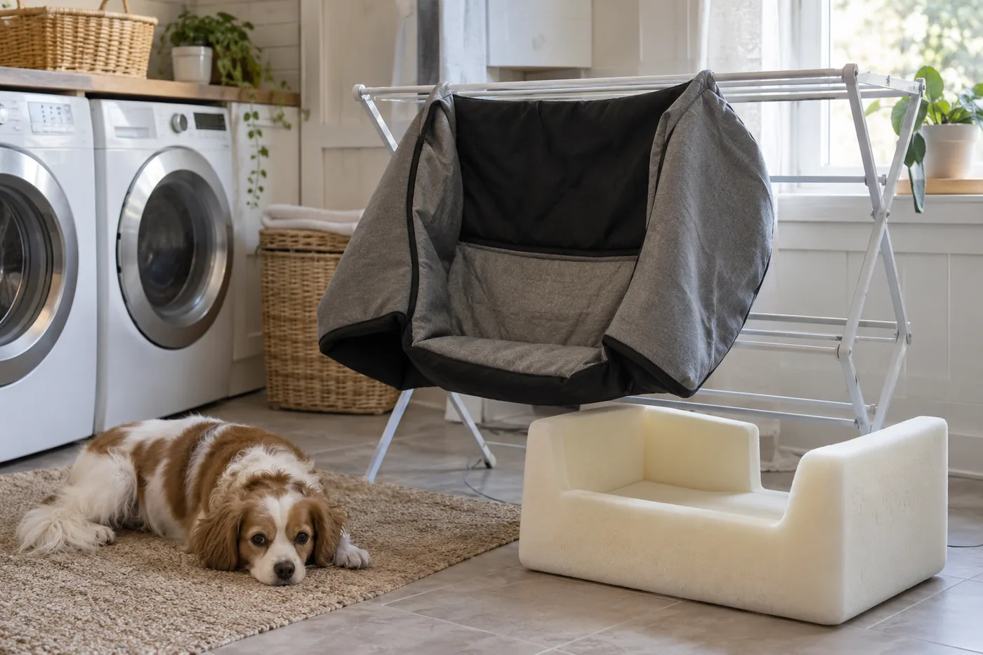 A detached dog car seat cover drying on a rack beside a foam insert in an American laundry room