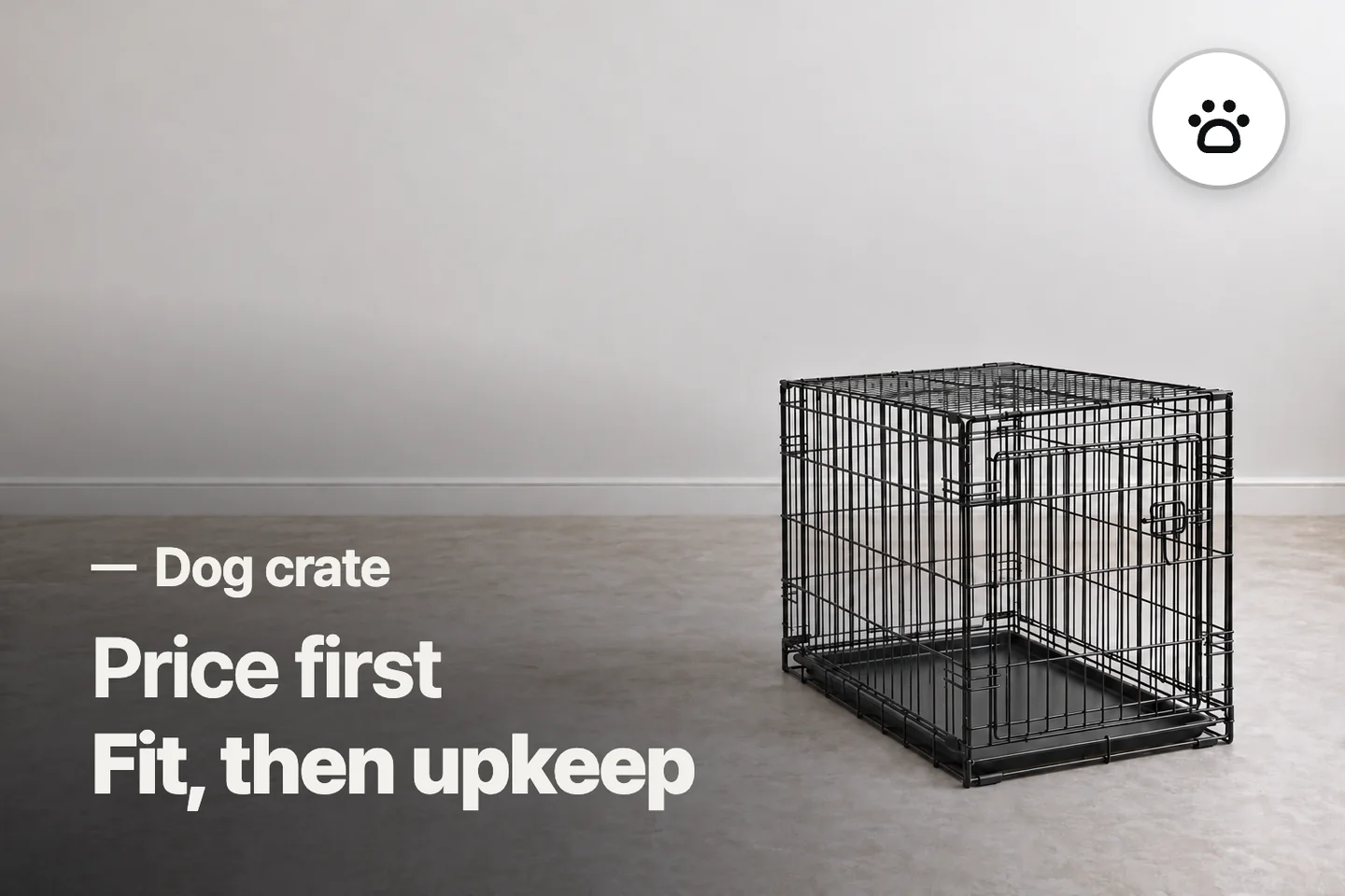 Price first Fit, then upkeep — Dog crate (photo is an AI-generated illustration)