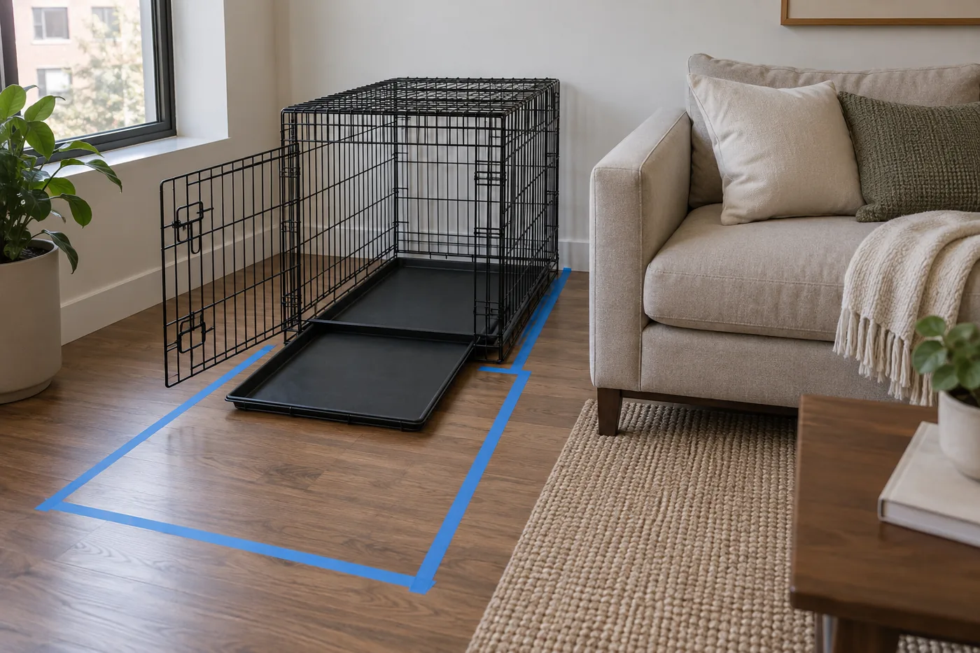 An empty dog crate beside a sofa with painter's tape marking its footprint and open space in front of the door
