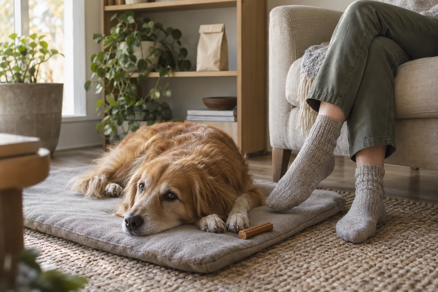 An adult dog on a washable mat beside a seated owner's legs in an American living room, with an unbranded treat bag stored on a shelf