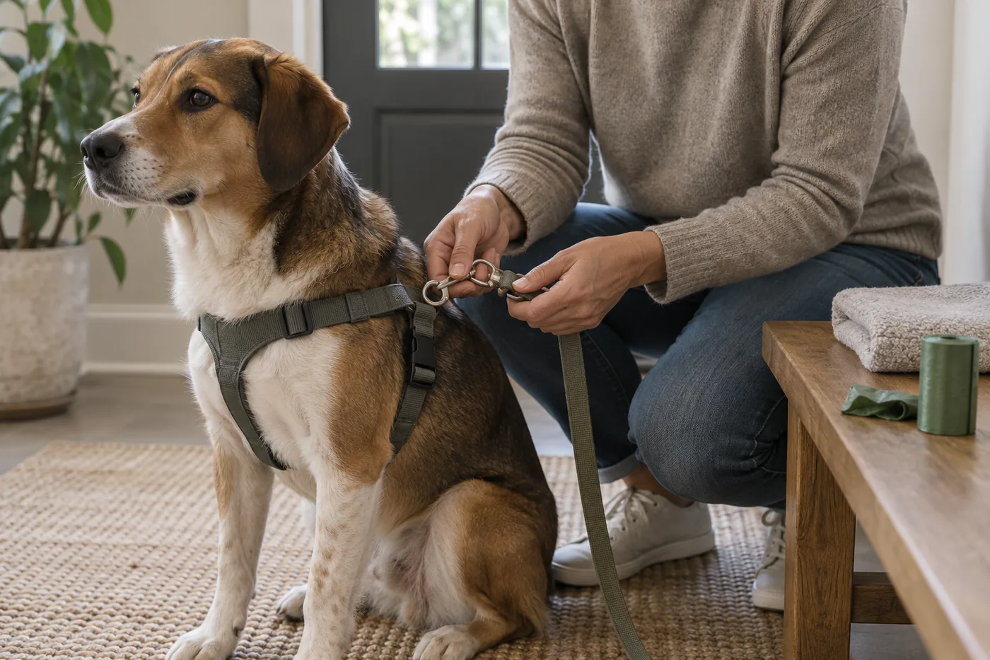 An adult checking a plain leash clasp beside a dog in a harness at an American home's entryway