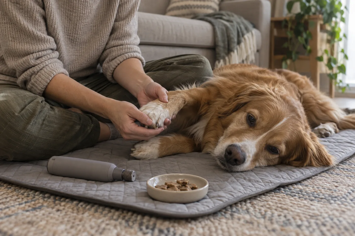 A dog resting on a living room mat while an adult holds its paw beside a switched-off unbranded nail grinder and a small tray of treats