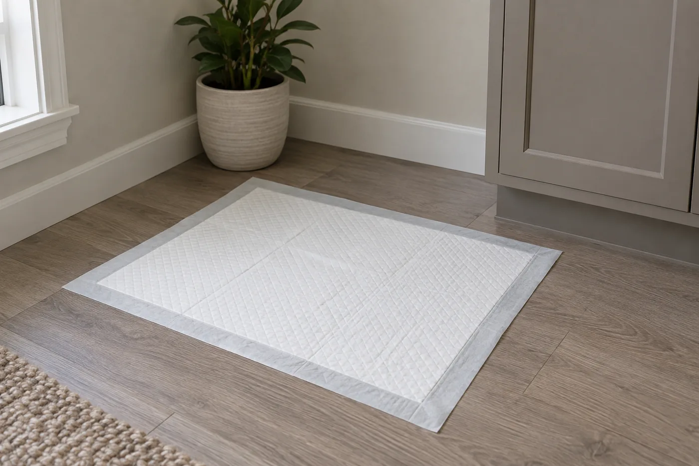 An unbranded disposable dog pee pad lying flat in a clear apartment corner, with its absorbent center and outer border visible