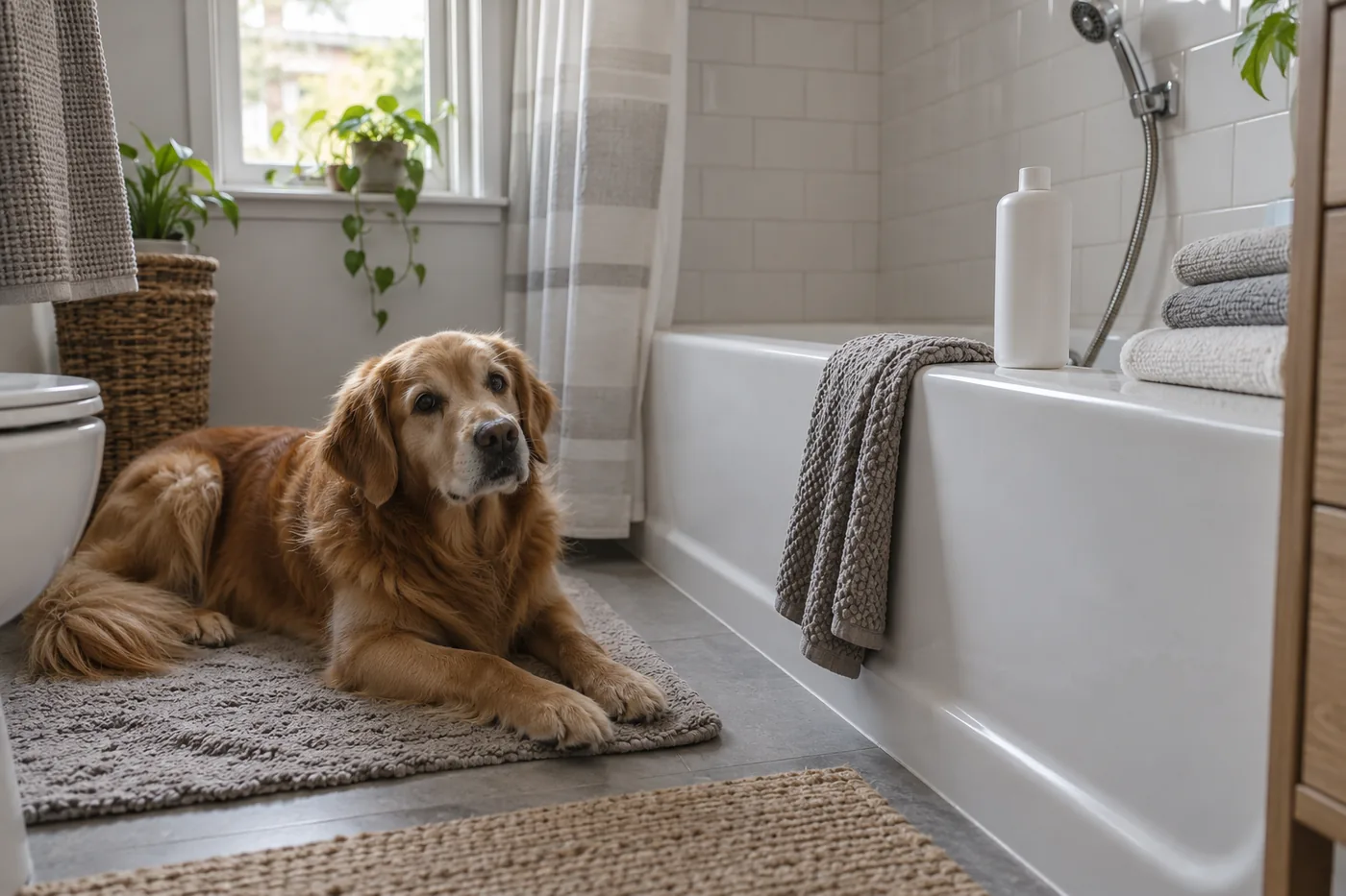 A dog beside a bathtub in a compact American bathroom with a plain shampoo bottle, folded towels, and a handheld shower