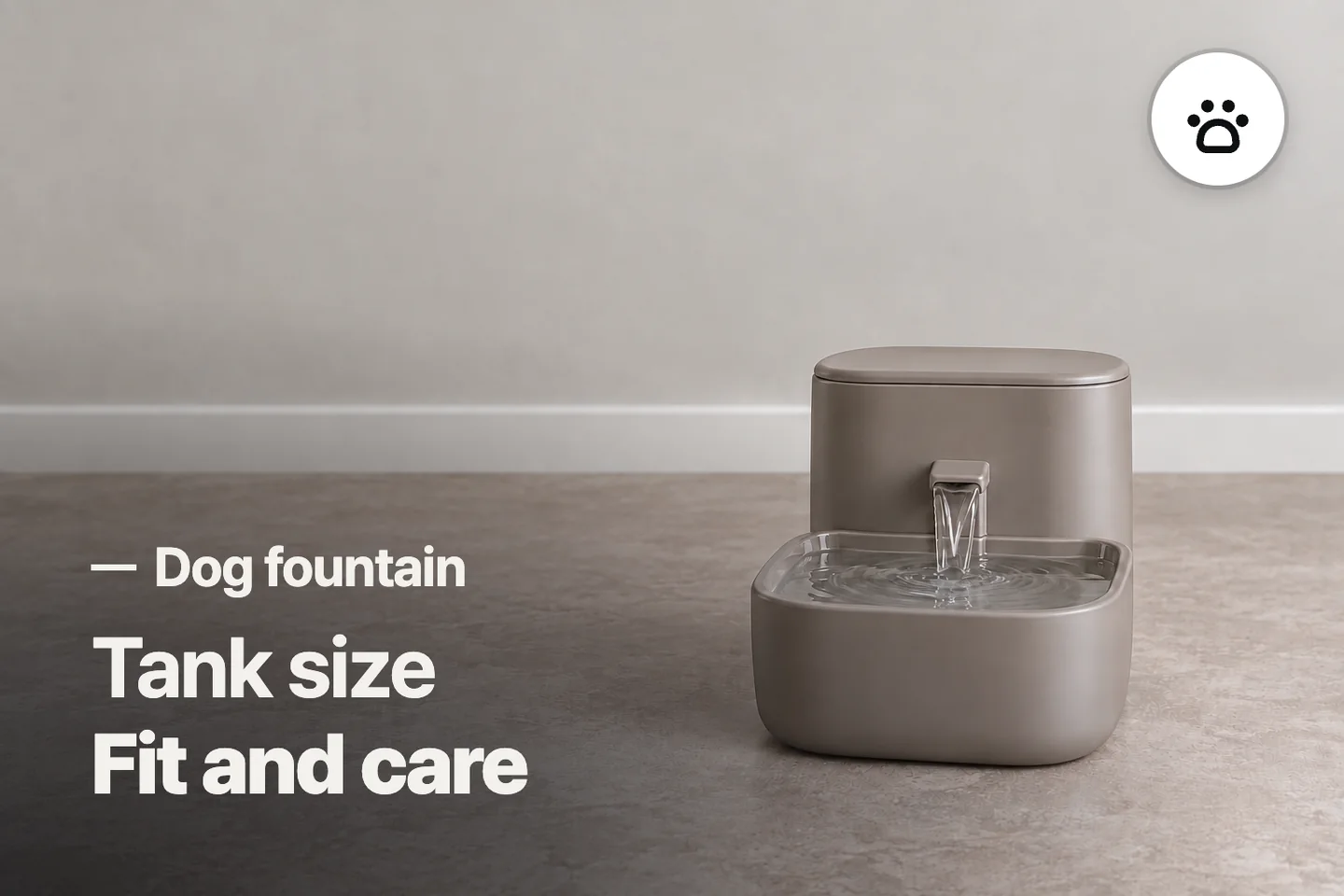 Tank size Fit and care — Dog fountain (photo is an AI-generated illustration)