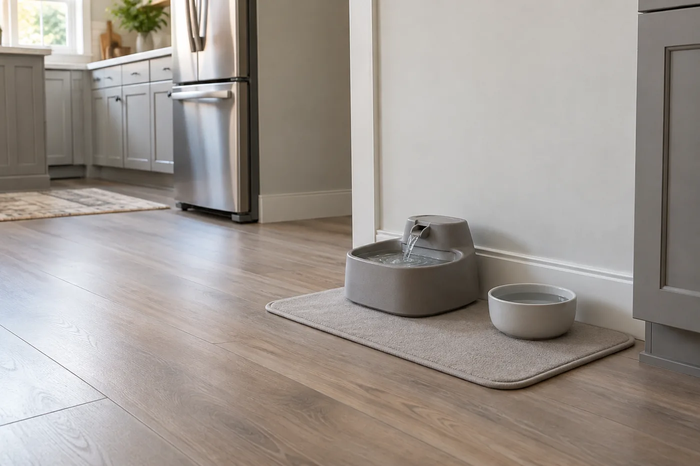 A generic dog water fountain on a washable mat beside a kitchen wall, with a separate backup bowl and clear floor space