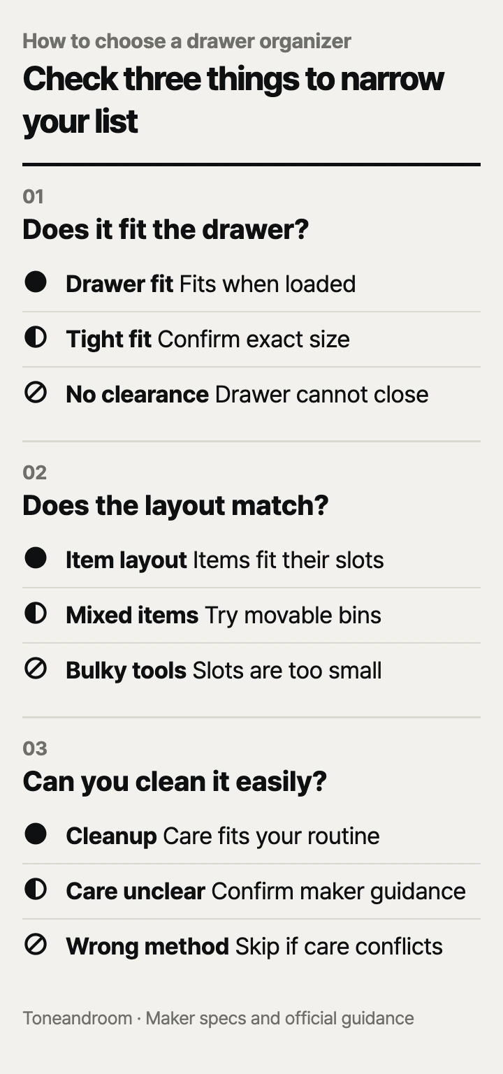 How to choose a drawer organizer: drawer fit, item layout, cleanup
