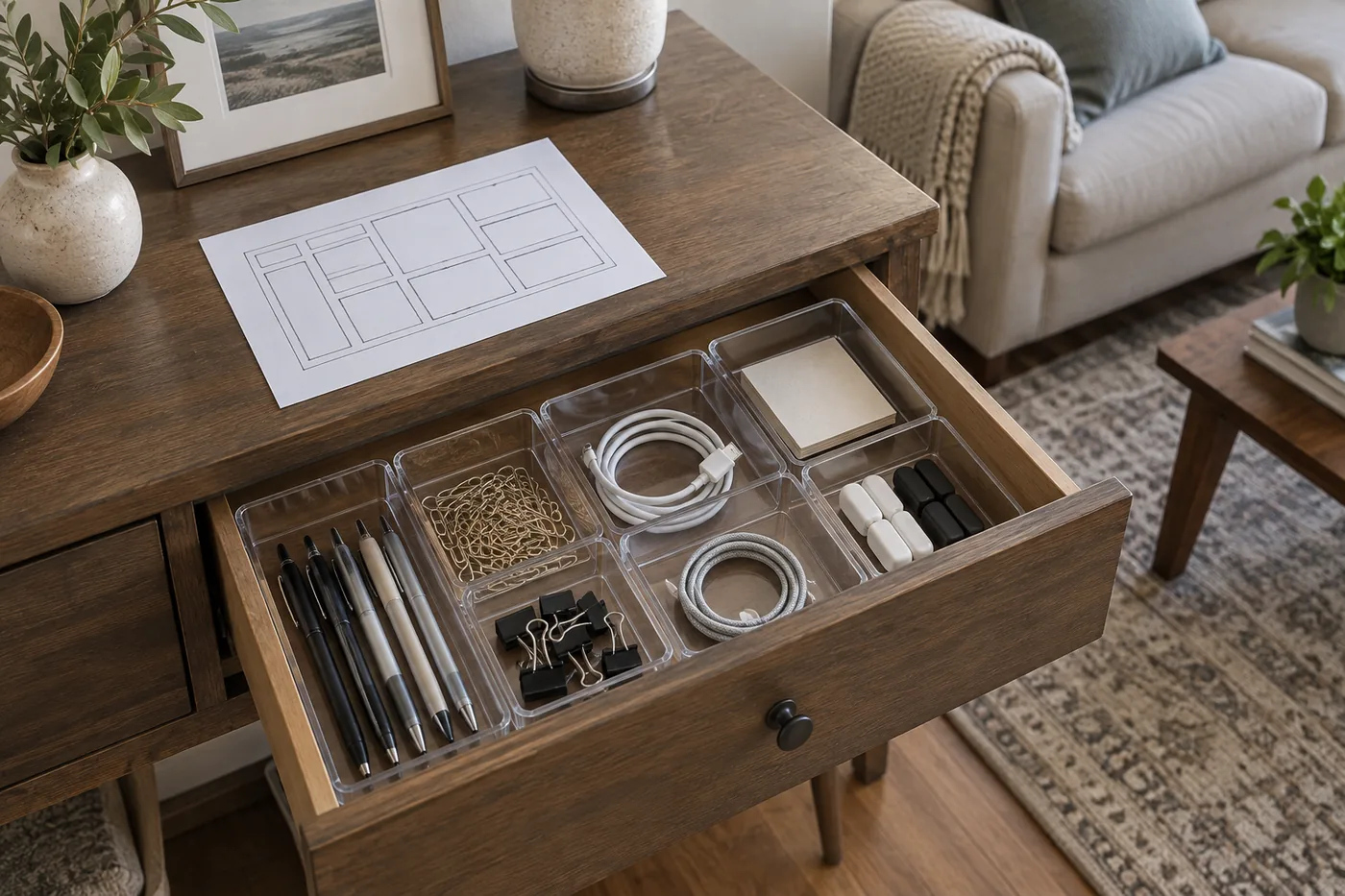 An open living room console drawer with plain clear trays separating pens, clips, and charging cables beside a paper layout sketch