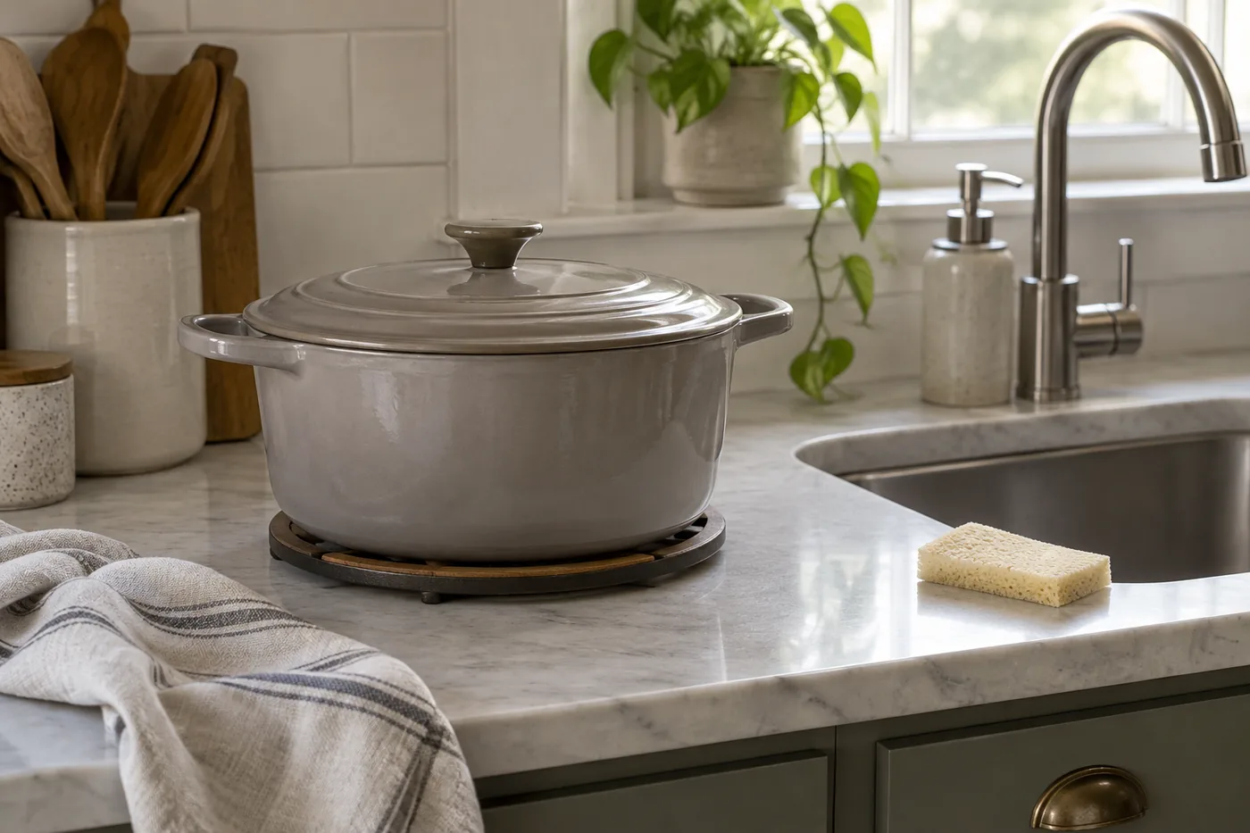 A generic enameled Dutch oven cooling beside a kitchen sink, with a soft sponge and towel ready for washing