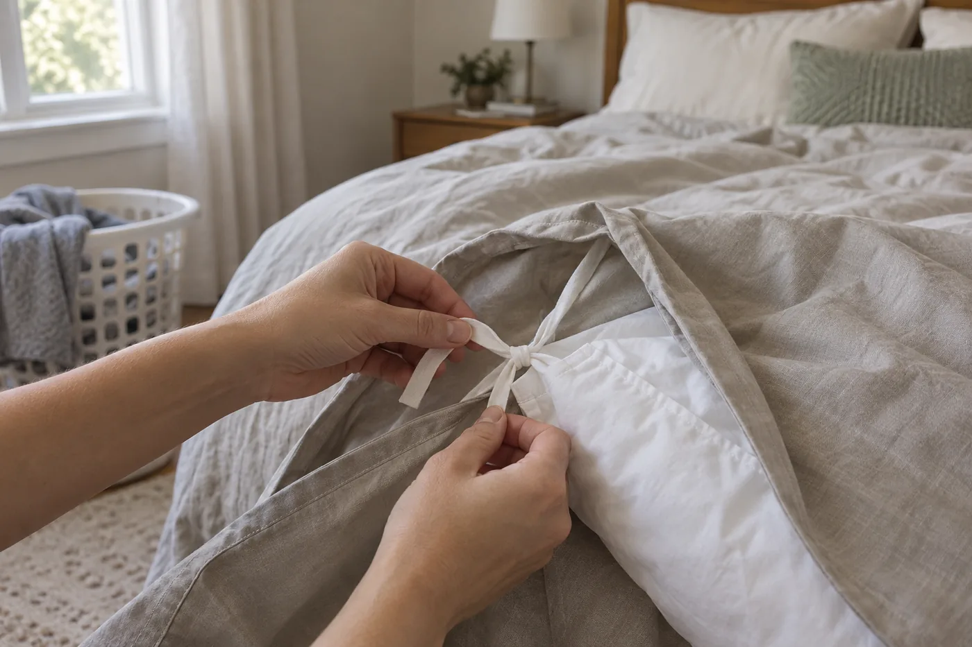 Hands tying a plain duvet cover to an insert on a bedroom bed beside a laundry basket