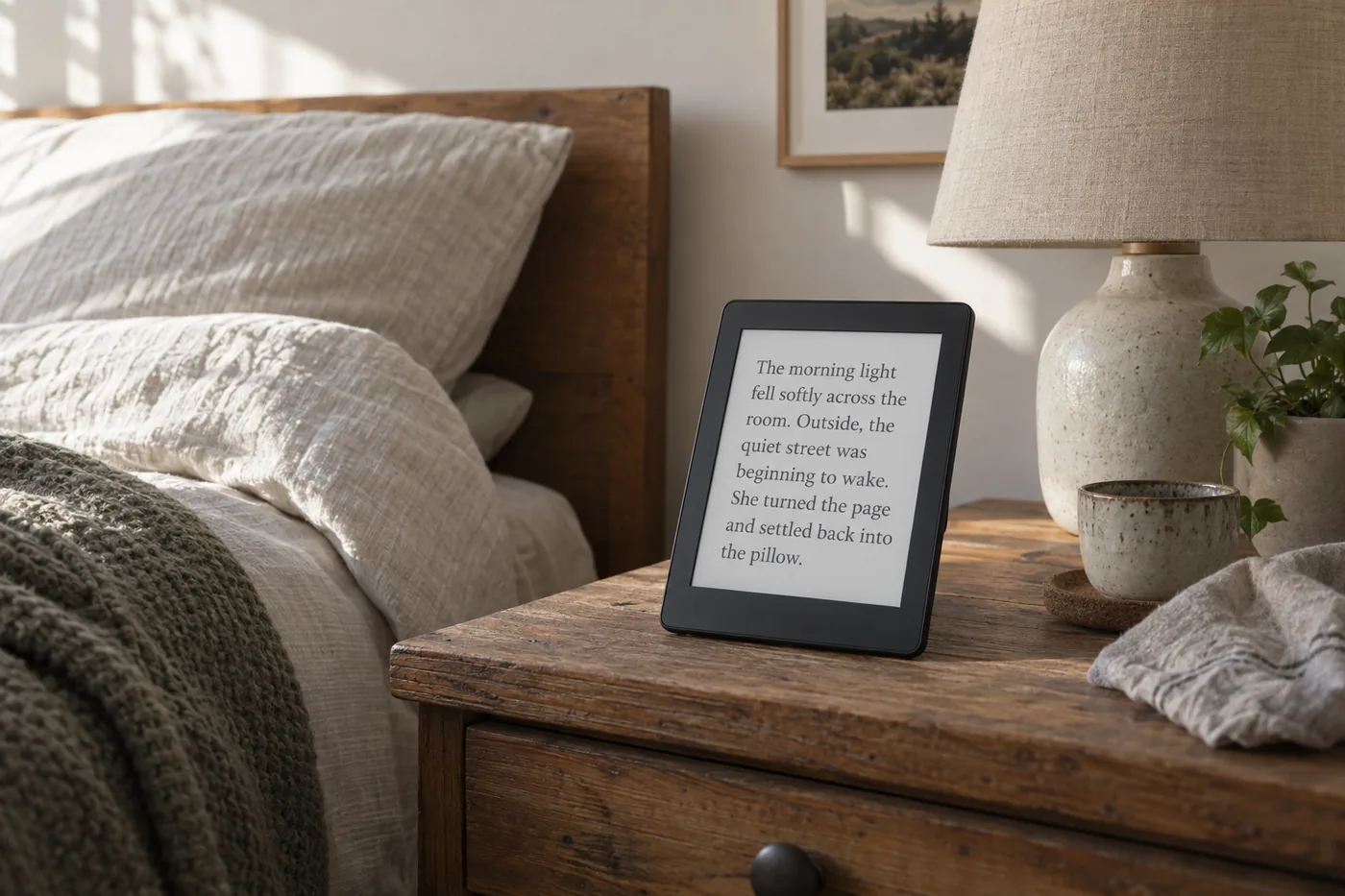 An unbranded e-reader with enlarged text beside a bedside lamp in an American apartment