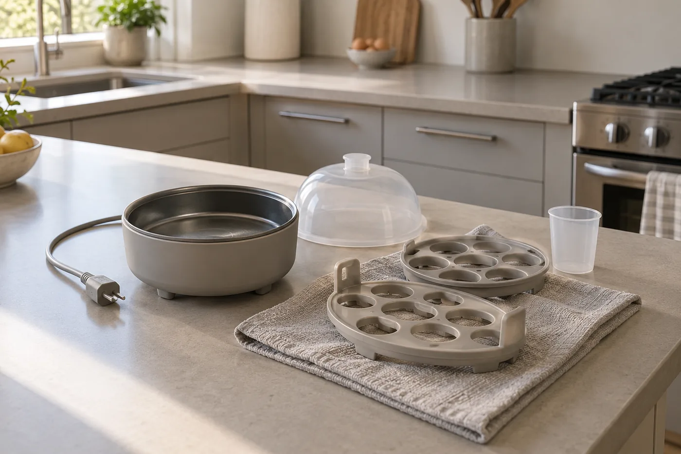 An unplugged generic egg cooker on an open kitchen island beside its measuring cup, with removable trays drying on a towel