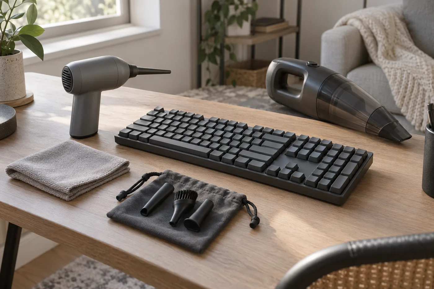 An unbranded electric air duster and nozzle pouch beside a keyboard, dry cloth, and handheld vacuum on a home office desk