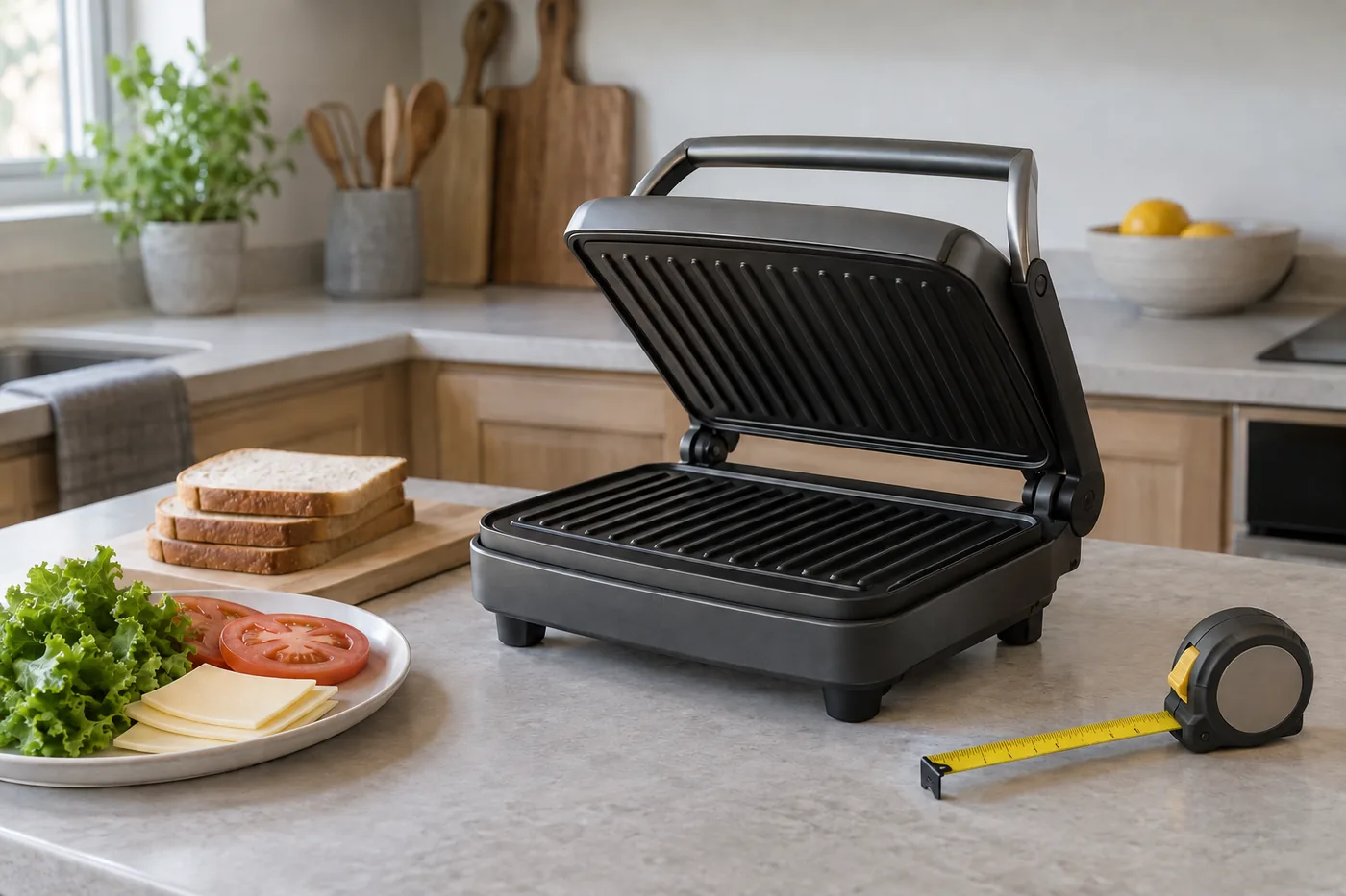 A compact indoor grill beside sandwich ingredients and a measuring tape on an American apartment kitchen counter