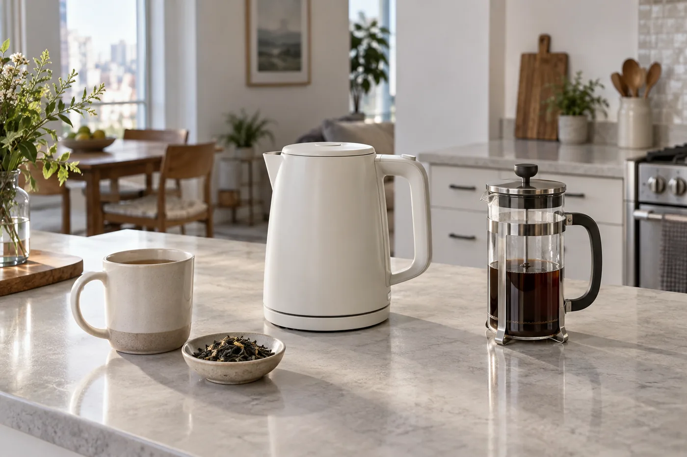 An unbranded electric kettle beside a tea mug and French press on an open apartment kitchen counter